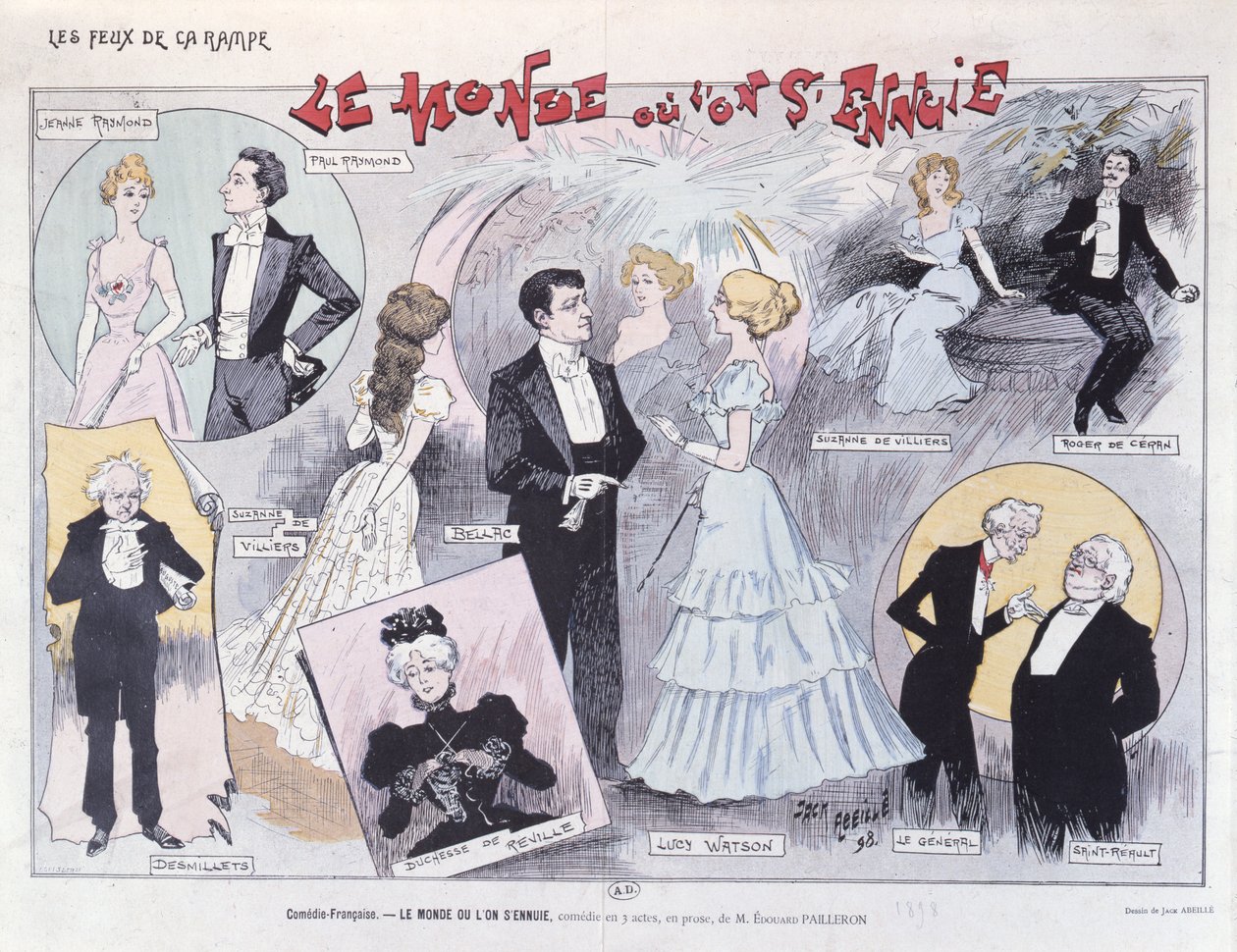 Plakat, der reklamerer for den satiriske komedie Le Monde ou Lon SEnnuie af Edouard Pailleron på Comedie-Francaise, 1898 af Jack Abeille