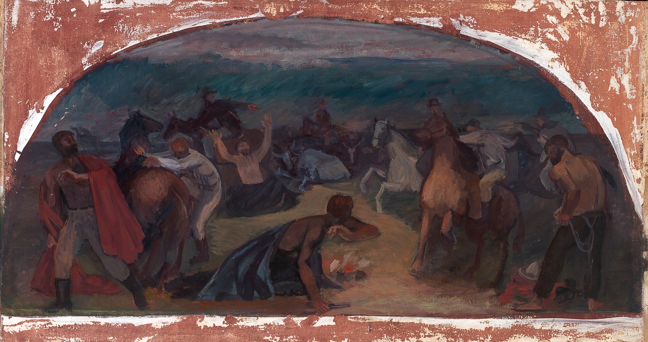Kvægtyve overrasket af Posse-vægmaleristudie, Burns, Oregon Post Office, 1941. af Jack Wilkinson