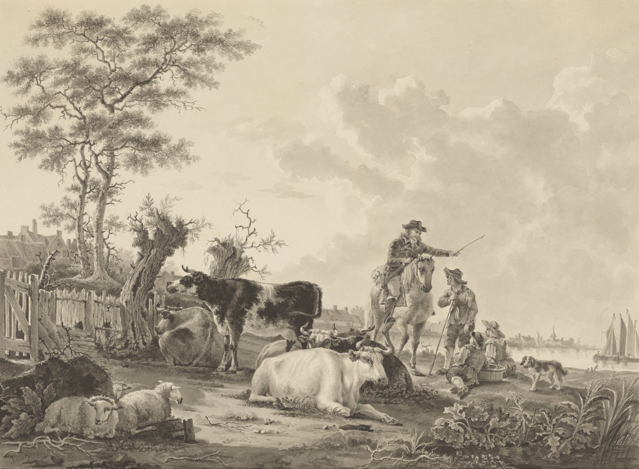 Landskab med kvæg, får og herders af Jacob van Strij