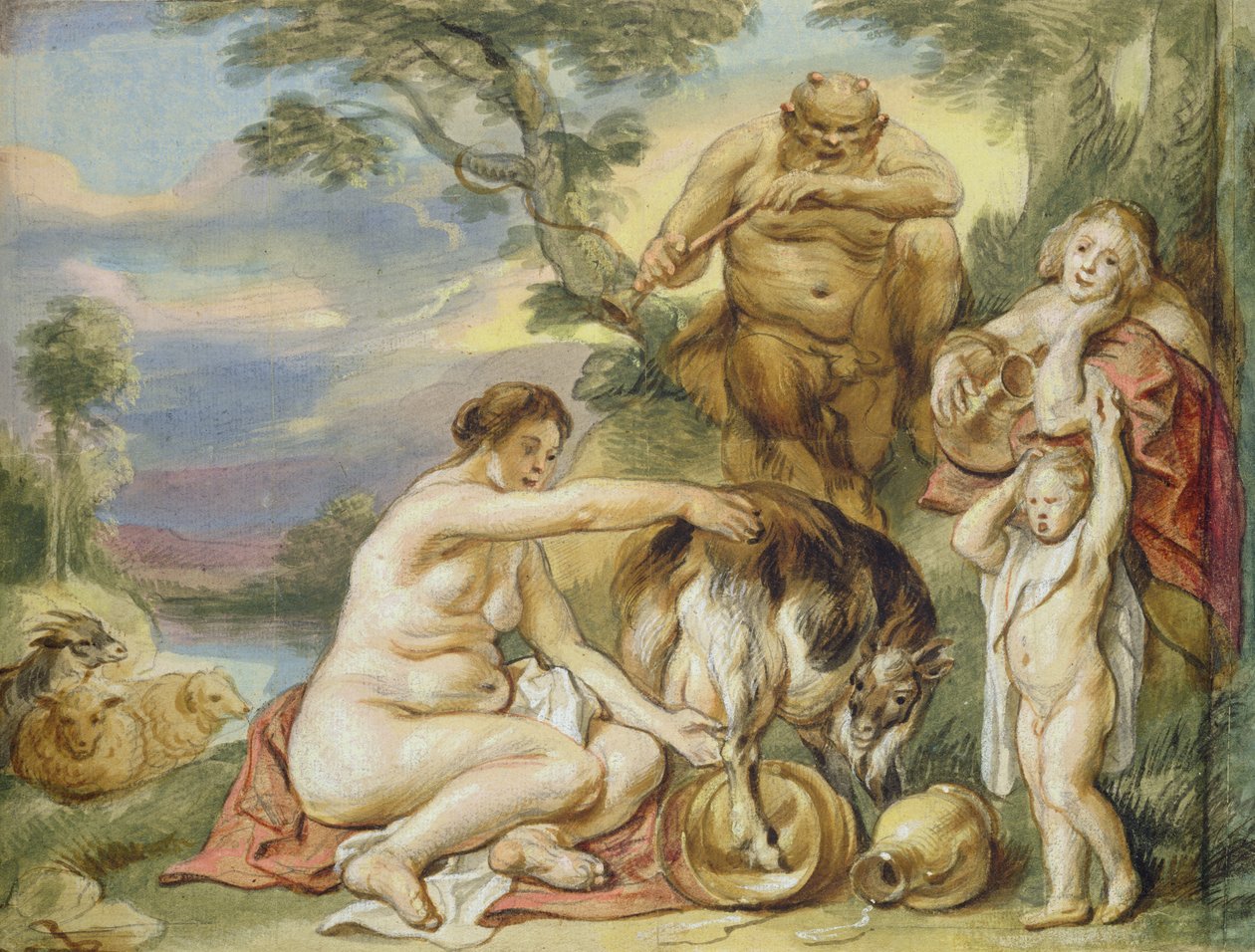 Jupiter som barn (blæk og wc på papir) af Jacob Jordaens