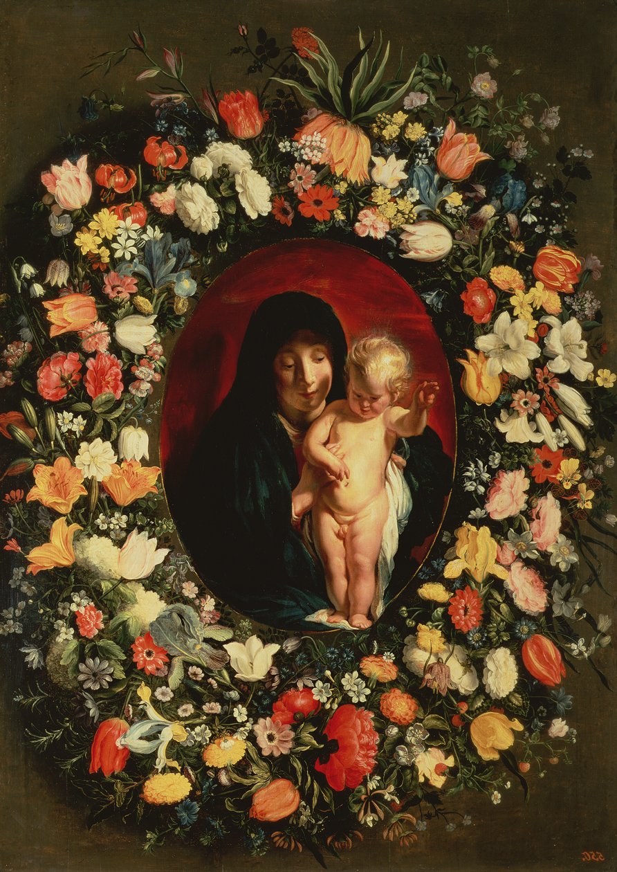 Madonna og barn omkranset med blomster, ca. 1618 af Jacob Jordaens
