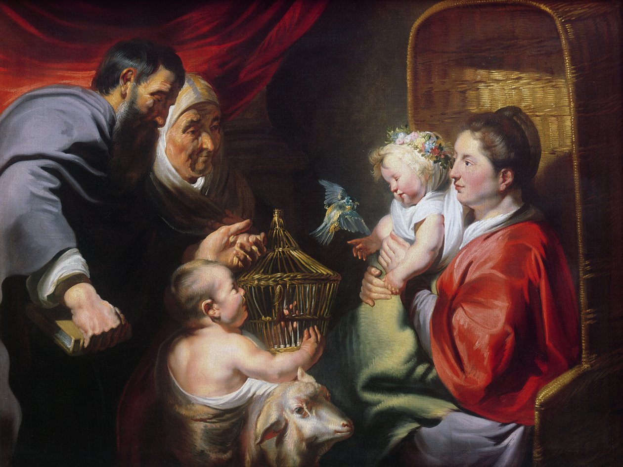 Jomfruen og barnet med Zacharias, Elisabeth og Johannes Døberen, ca.1620 af Jacob Jordaens