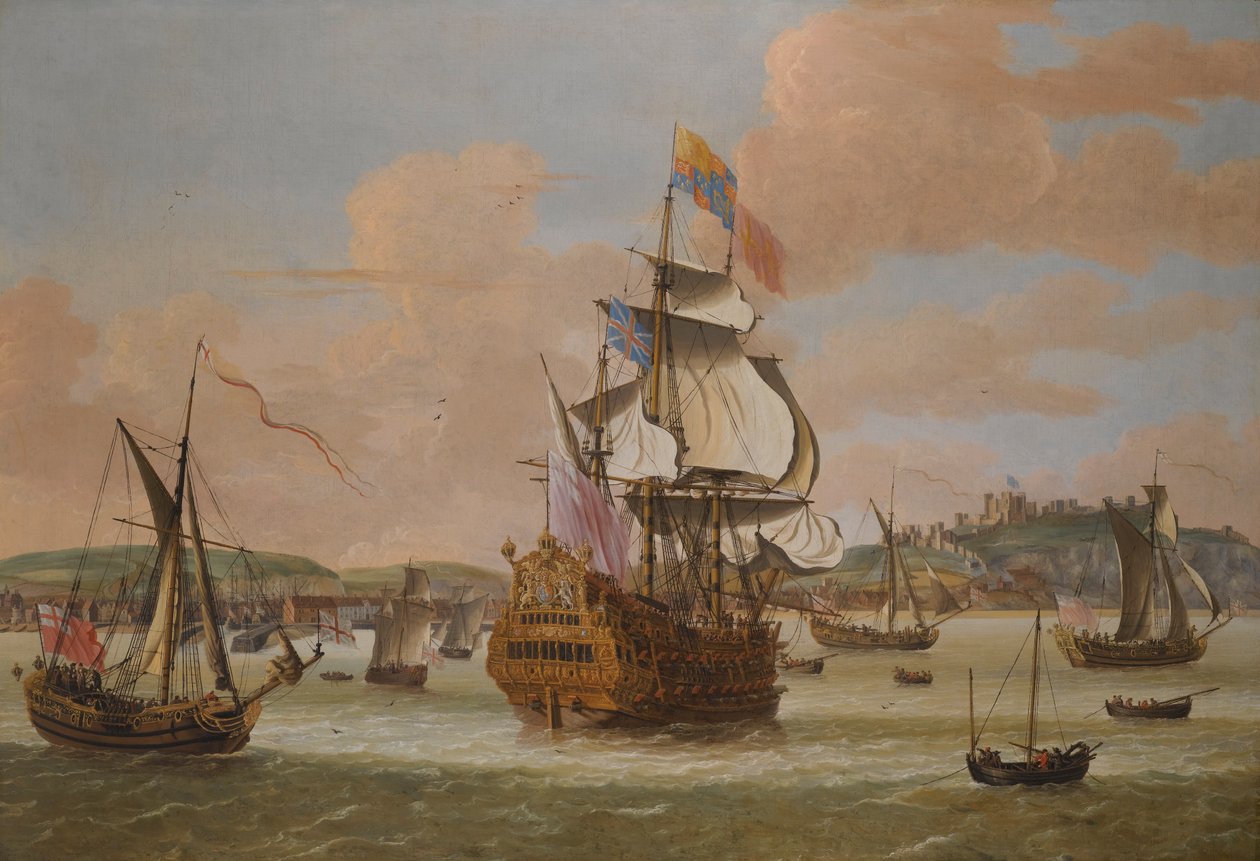 Charles II og James, hertug af York, om bord på H.M.S. Triumph, med tre Royal Yachts of Dover af Jacob Knijff