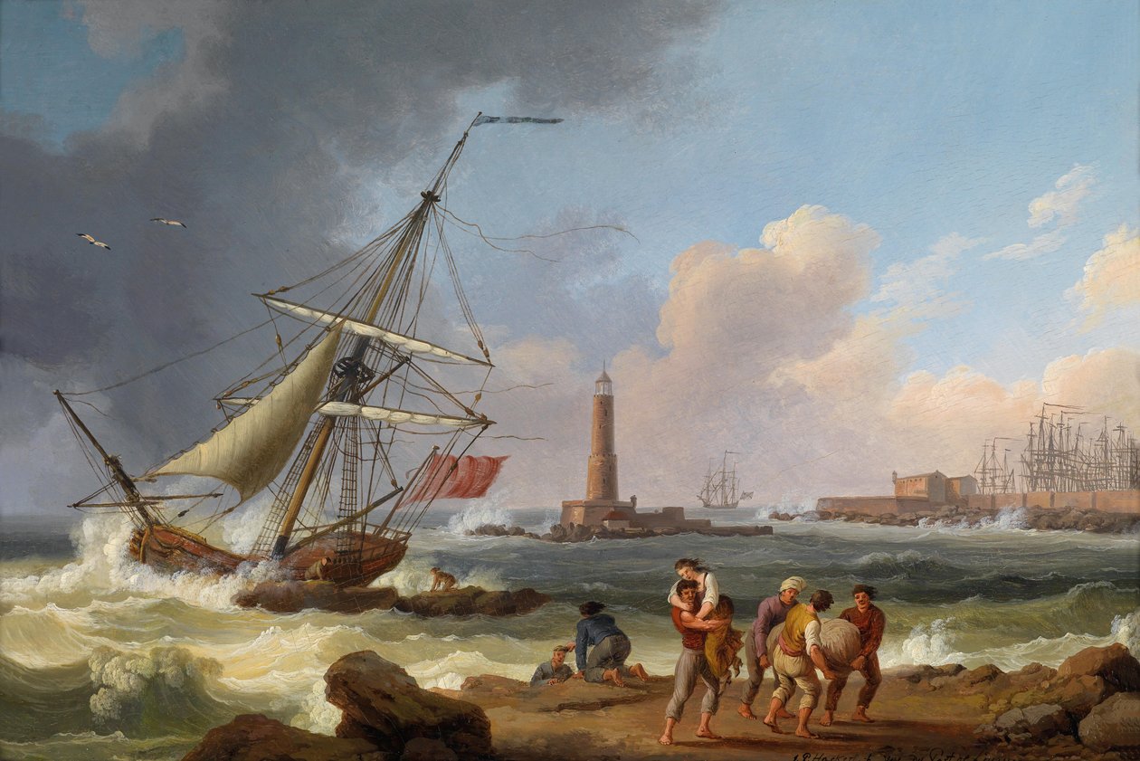 Havnen i Livorno med redning af skibbrudne mennesker af Jacob Philippe Hackert