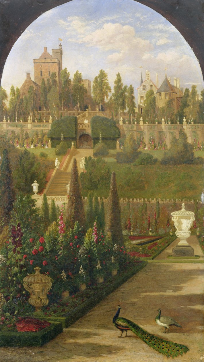 Drummond Castle, Perthshire, set fra haven, 1847 af Jacob Thompson