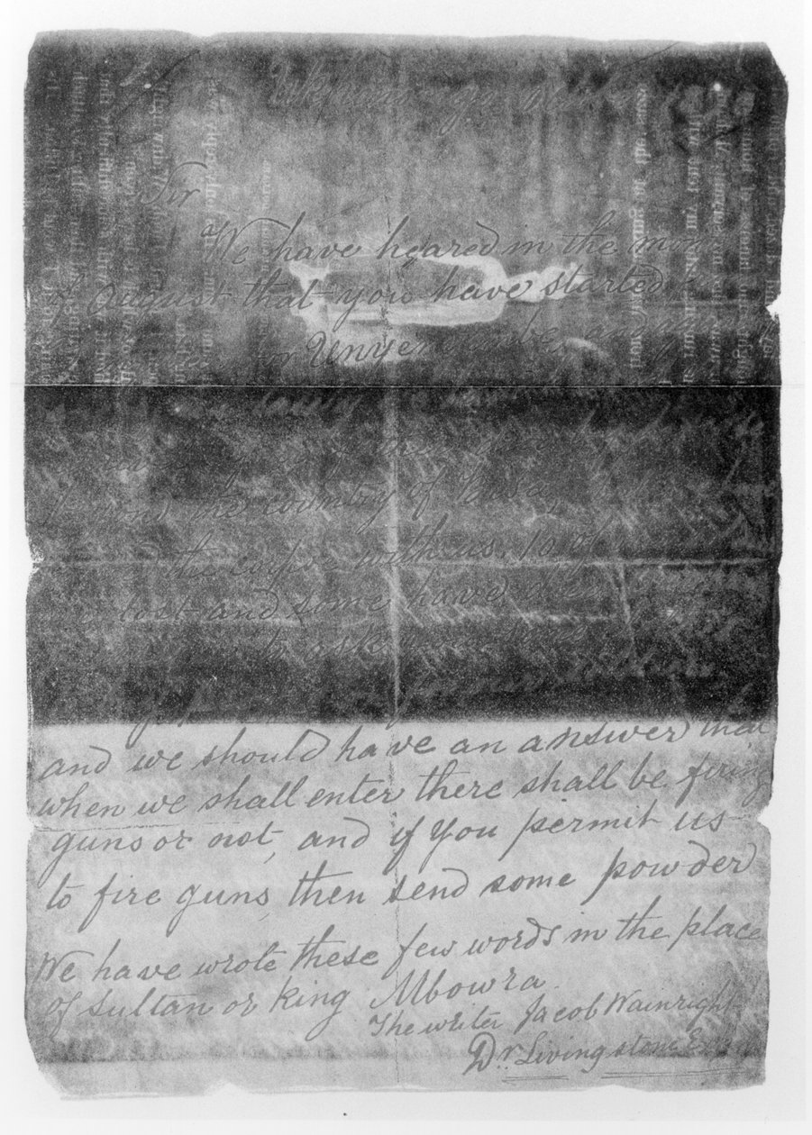 Brev skrevet til Cameron i oktober 1873 om David Livingstones død (1813-73) fra bind 1 af Across Africa af Verney Lovett Cameron, udgivet 1877 (bw foto) af Jacob Wainwright