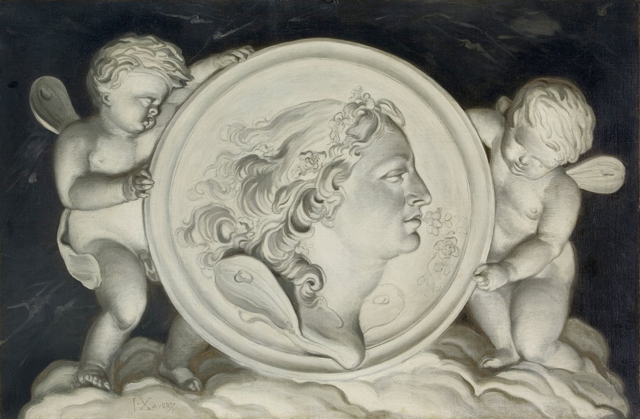 Zephyr i en malet rundel understøttet af putti, der flyder på skyer (par 421580) af Jacob Xavery