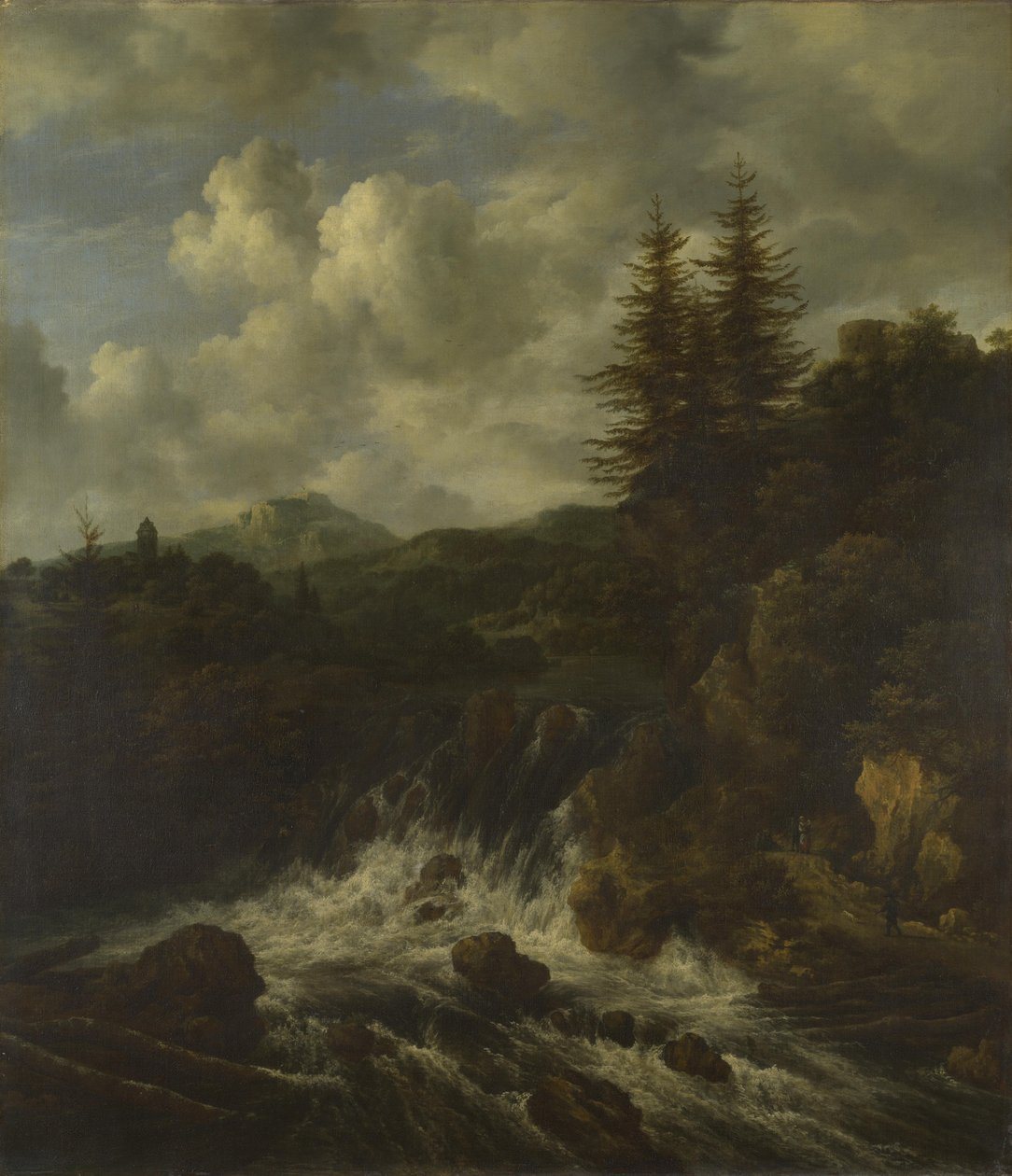 Et landskab med et vandfald og et slot på en bakke af Jacob van Ruisdael