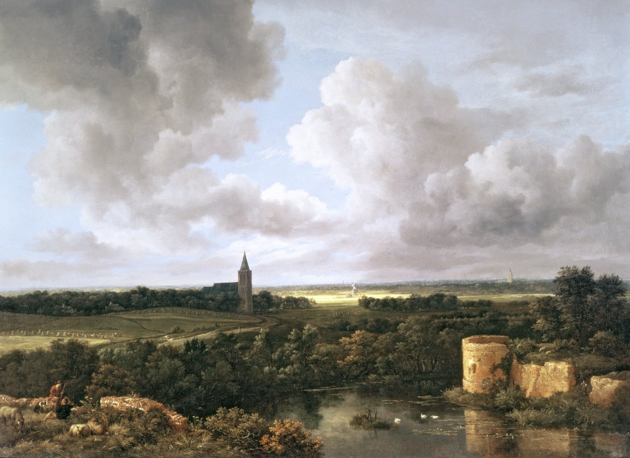 Landskab med ødelagt slot og kirke, ca.1665-70 af Jacob van Ruisdael