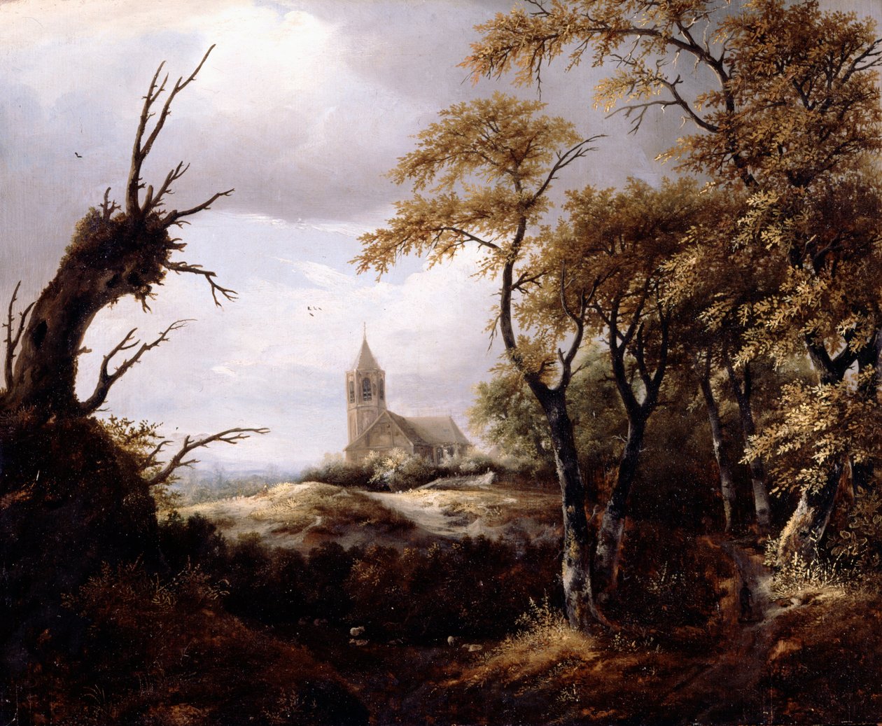 Landskab med en kirke af Jacob van Ruisdael