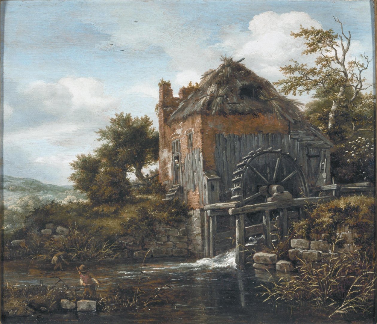 Landskab med en vandmølle og mænd, der skærer siv af Jacob van Ruisdael