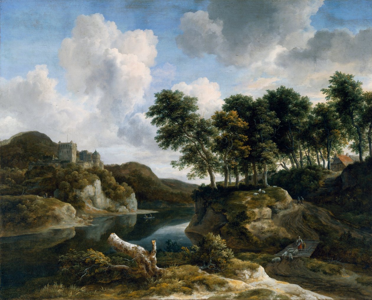 Flodlandskab med et slot på en høj klippe af Jacob van Ruisdael