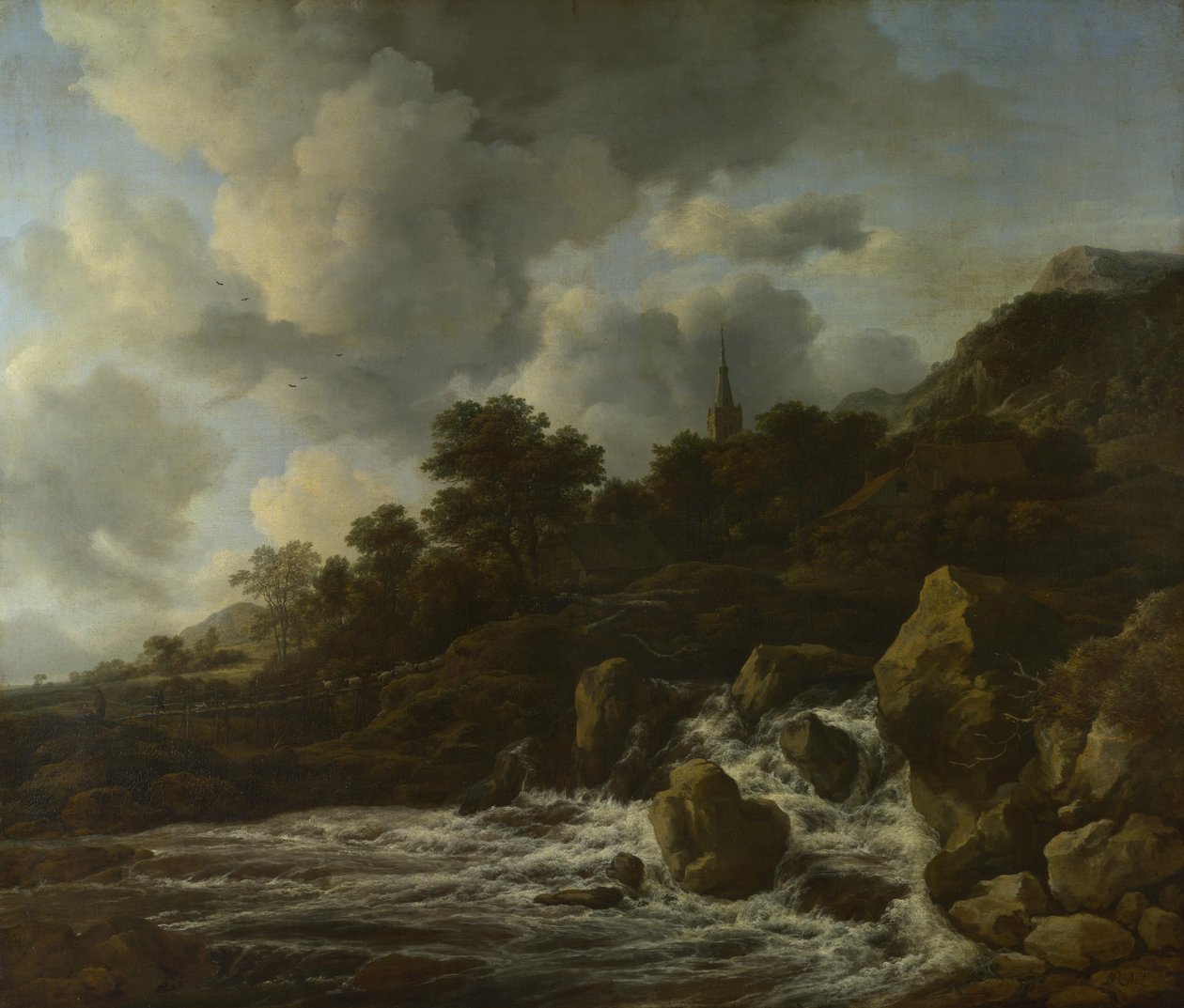 Vandfald nær en landsby, ca. 1665-70 af Jacob van Ruisdael