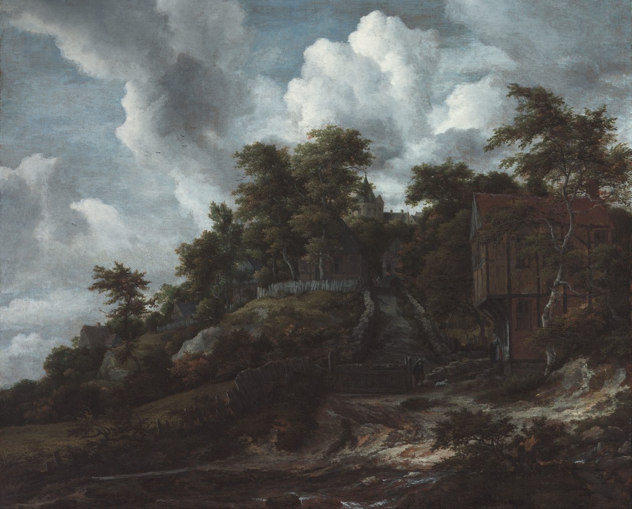 Skovklædt bjergskråning med udsigt til Bentheim Slot af Jacob van Ruisdael
