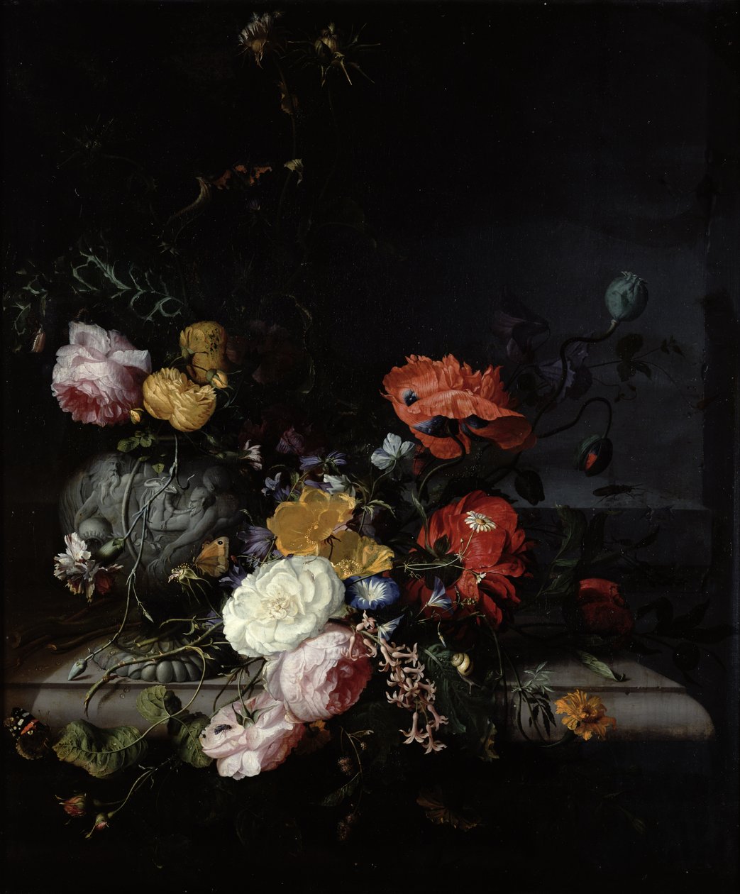Stilleben med blomster og insekter af Jacob van Walscapelle