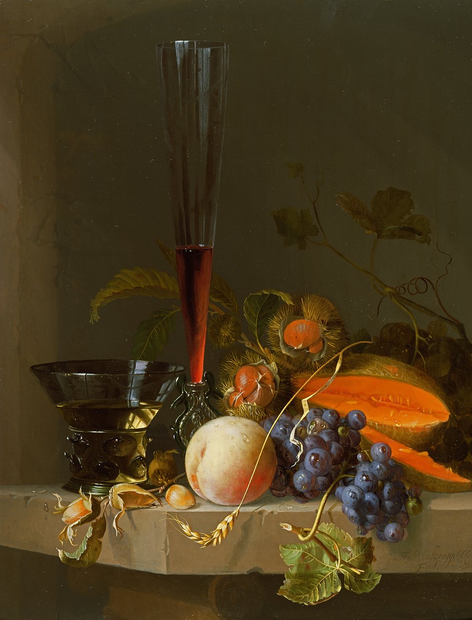 Stilleben af frugt på en afsats med en roemer og et vinglas af Jacob van Walscapelle