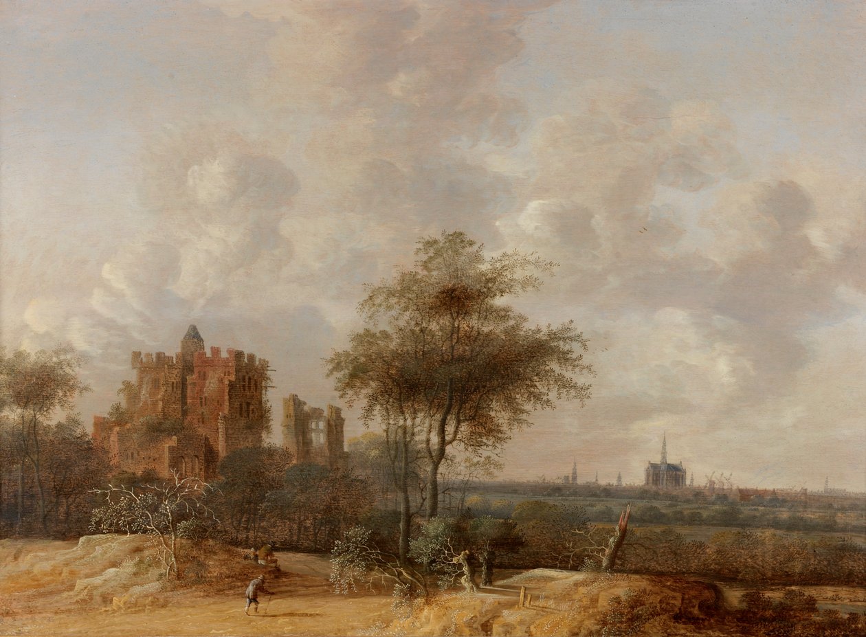 Landskab med Brederodes ruinerede slot og en fjern udsigt over Haarlem, 1655 af Jacob van der Croos