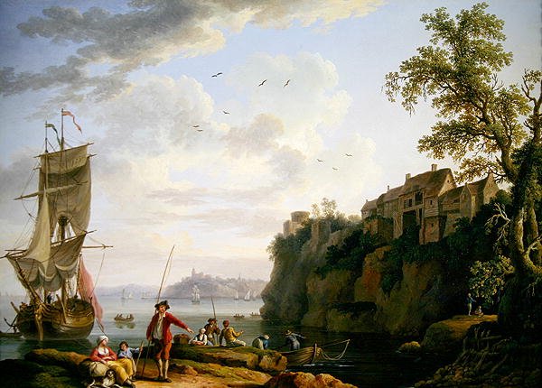 Fiskere ved et fortøjet fartøj med en landsby af Jacob Philippe Hackert