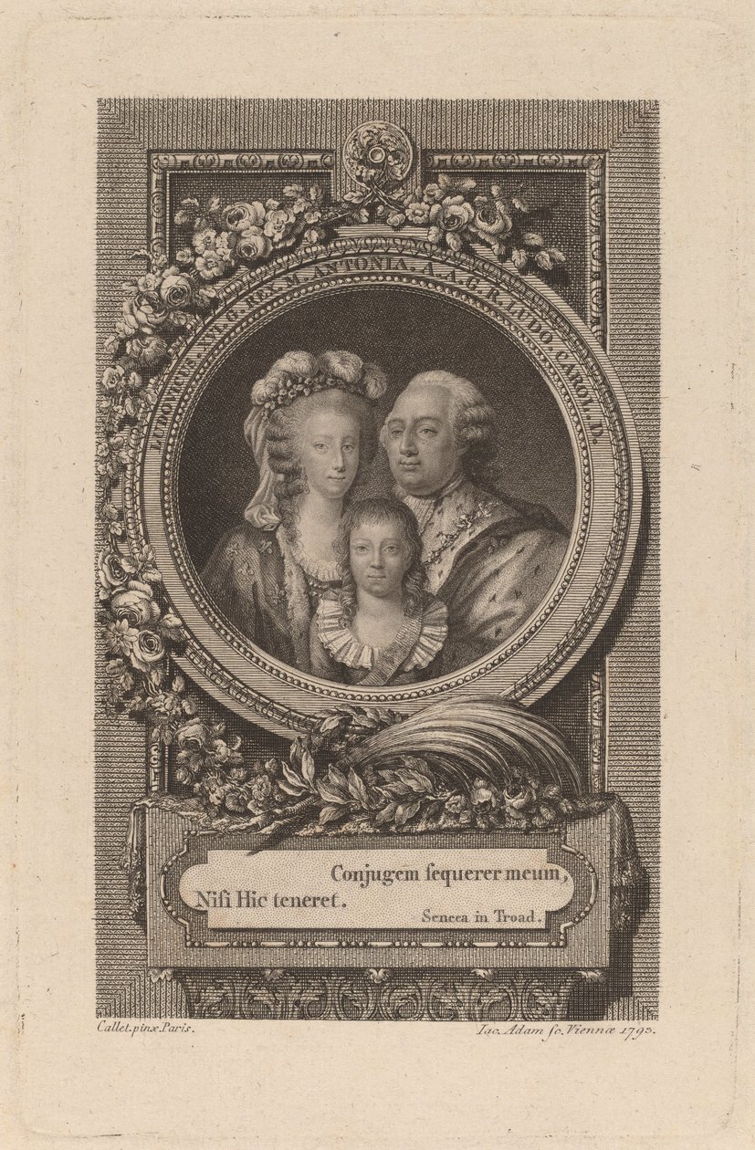 Louis XVI, Marie-Antoinette og Louis-Charles af Jacob Adam after Antoine François Callet