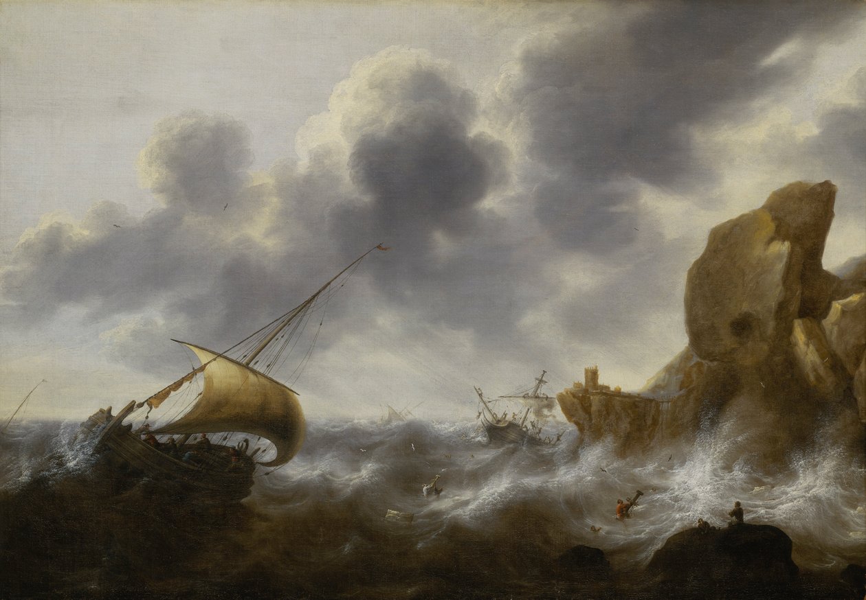 En fiskerbåd ud for en klippekyst i en storm med et vrag, ca. 1664-65 (olie på panel) af Jacob Adriaensz. Bellevois