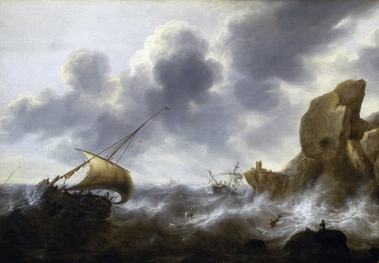 En fiskerbåd fanget i en storm nær en klippekyst med et skibsvrag. Olie på lærred af Jacob Adriaensz Bellevois (1621-1675). af Jacob Adriaensz. Bellevois