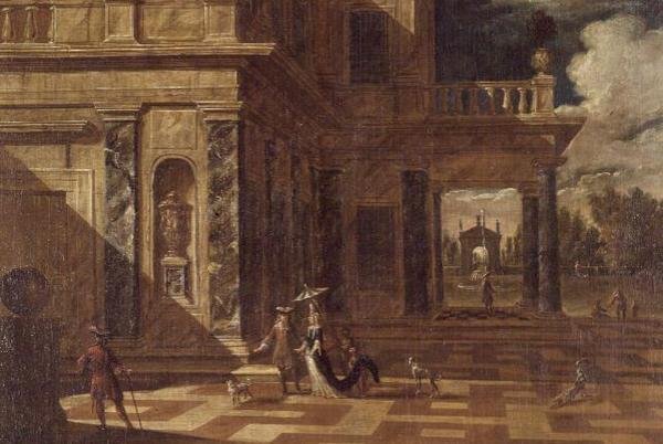 Arkitektoniske capricci med elegante figurer af Jacob Balthasar Peeters