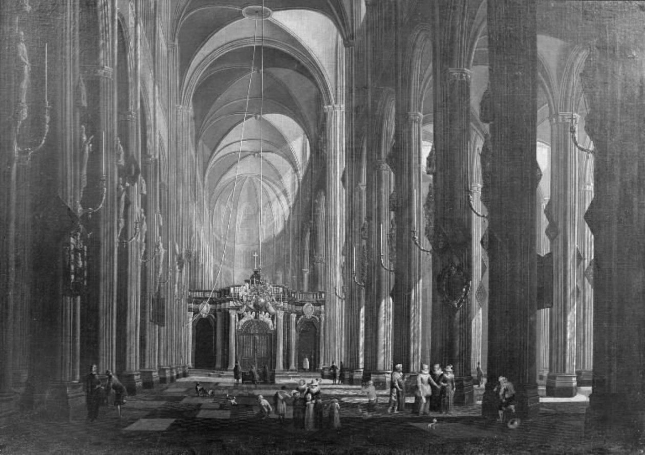 Interiør af en femskibet katolsk kirke af Jacob Balthasar Peeters
