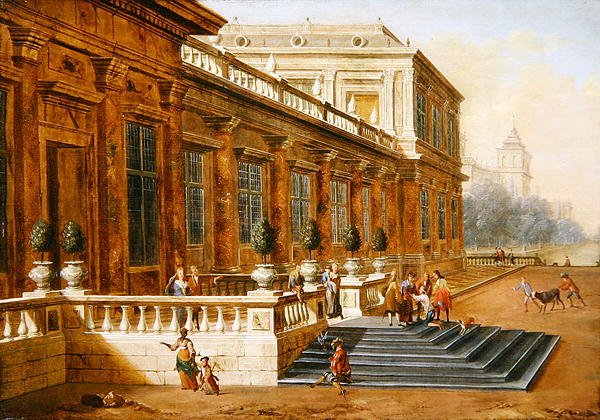Den fortabte søns tilbagevenden på trapperne til et klassisk palads (olie på lærred) af Jacob Balthasar Peeters