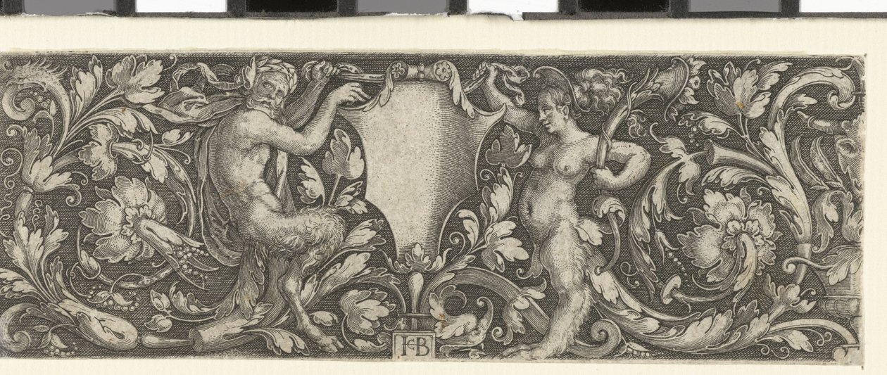 Frise med et skjold båret af en mandlig og en kvindelig satyr af Jacob Binck (signed by artist)