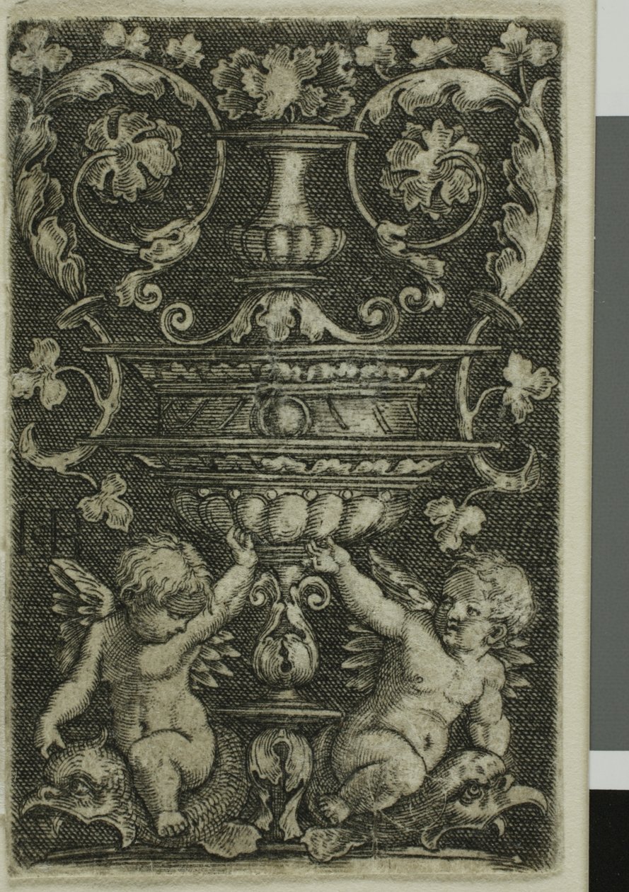 Ornament med vase og to genier ved foden af Jacob Binck