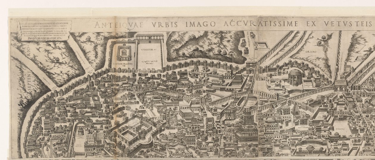 Plattegrond af Rom ti tide van keizer Augustus (bovenste blad) (titel på objekt) Afbildninger af det antikke Rom fra spor af ødelagte bygninger (titel på objekt) af Jacob Bos