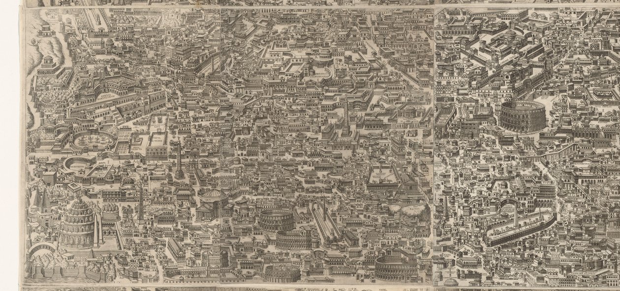 Plattegrund af Rome ti tide af keizer Augustus (mellemste blad) Et meget nøjagtigt billede af den antikke by dannet ud fra fortidsminder Afbildninger af det gamle Rom fra spor af ødelagte bygninger af Jacob Bos