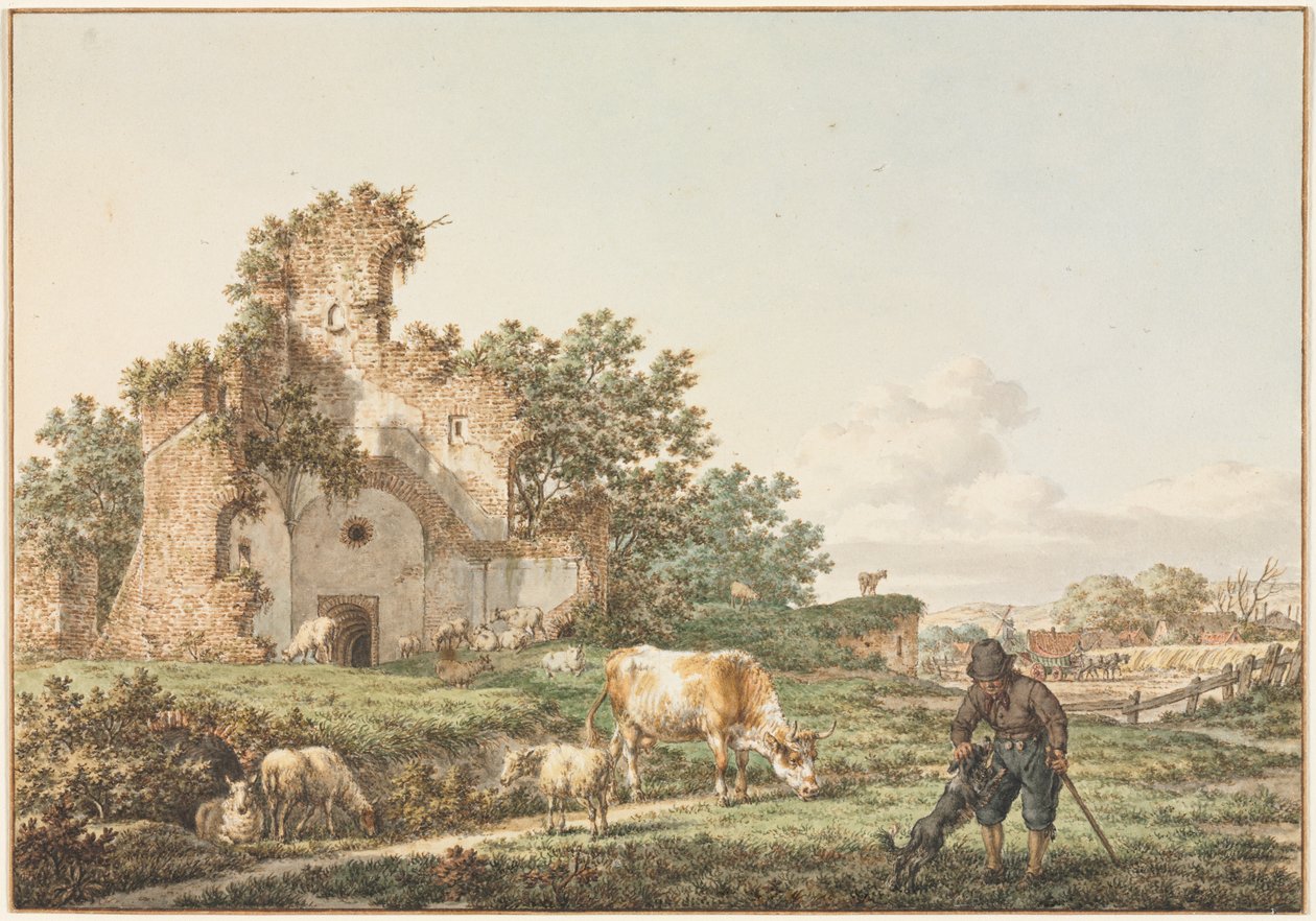 Pastoralt landskab med ruin, 1799. af Jacob Cats