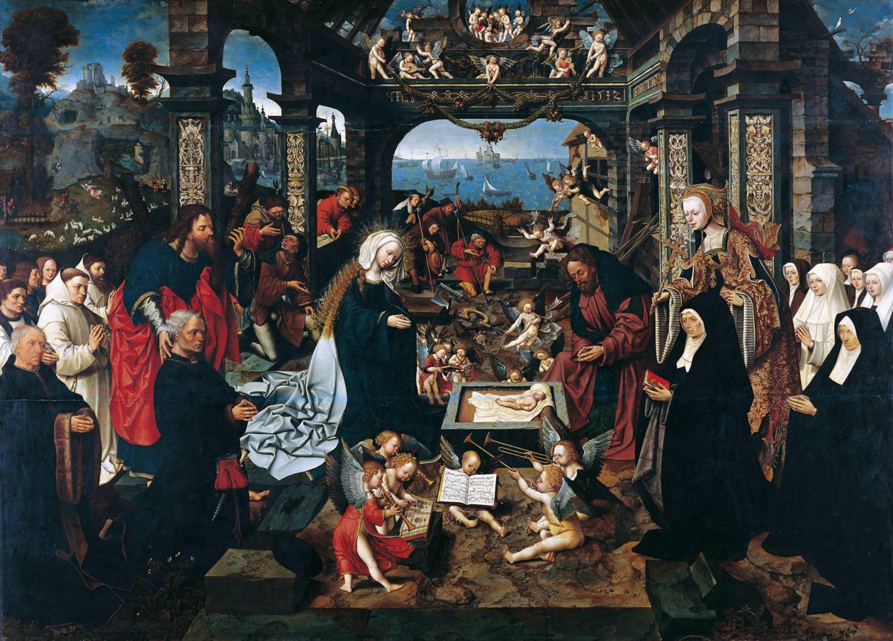 Hollandsk: Fødselskirken med Margriet Dirck Boelensdr. og hendes familie, Sankt Andreas og Sankt Margaretha Fødselskirken af Jacob Cornelisz van Oostsanen