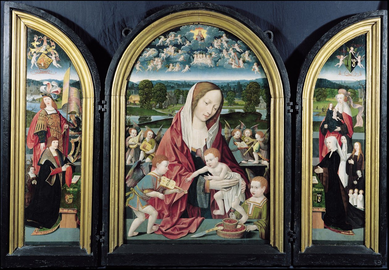Jomfru og barn med musikskabende engle og familien Sampsons-Coolen, Triptykon, 1500-1525 af Jacob Cornelisz van Oostsanen