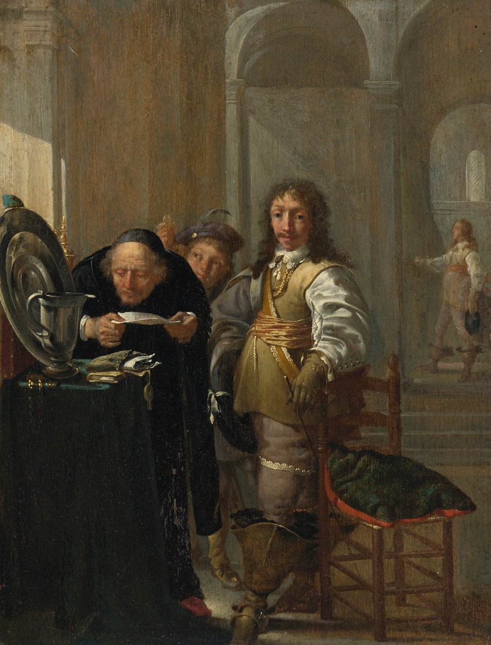 En kavaler, der sælger sine varer, med en gammel mand, der læser et dokument, og en ung dreng, der holder en mønt. af Jacob Duck