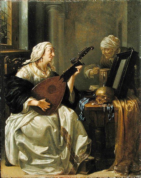 Kvinde med Theorbo, Vanitas, ca. 1660 (olie på panel) af Jacob Duck