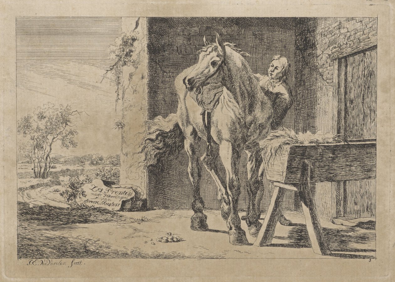 Figur med en hest ved en krybbe Seks tryk efter tegninger af forskellige mestre (serietitel på objekt) af Jacob Elias van Varelen