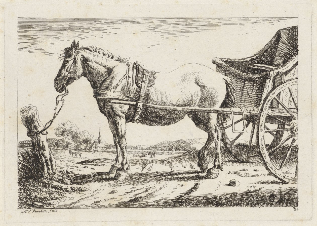 Stående hest, koblet foran en vogn Seks tryk efter tegninger af forskellige mestre (serietitel) af Jacob Elias van Varelen