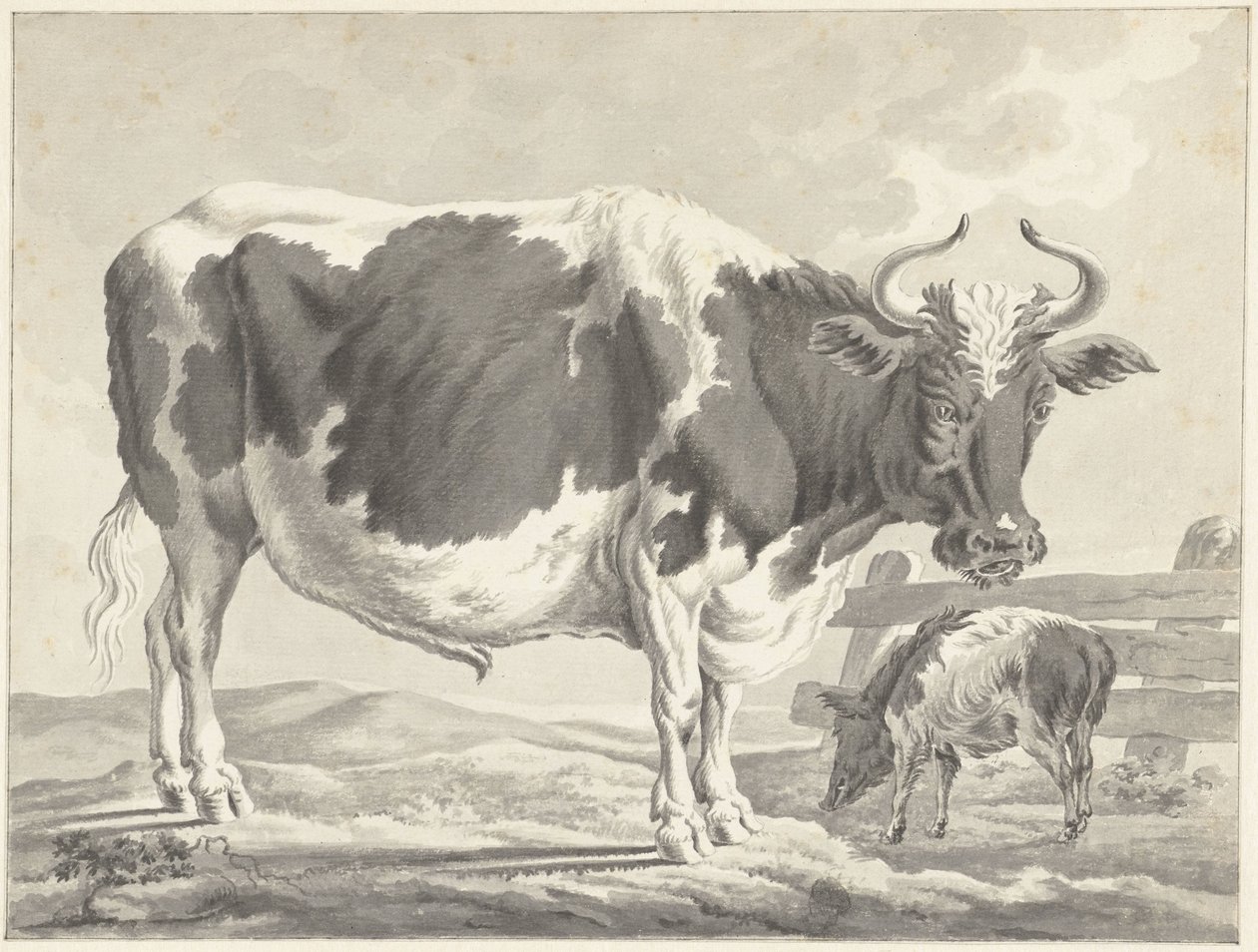 Sort broget tyr og en gris af Jacob Elias van Varelen