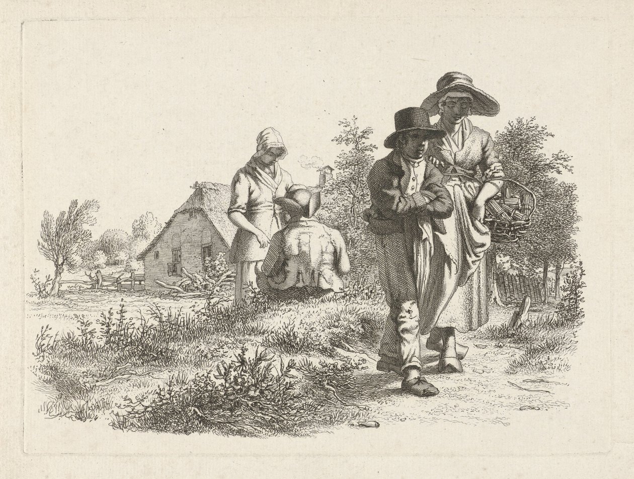 Blind kvinde og samtalende skikkelser på en gård Studietryk / Etudes gravées (serietitel) af Jacob Ernst Marcus