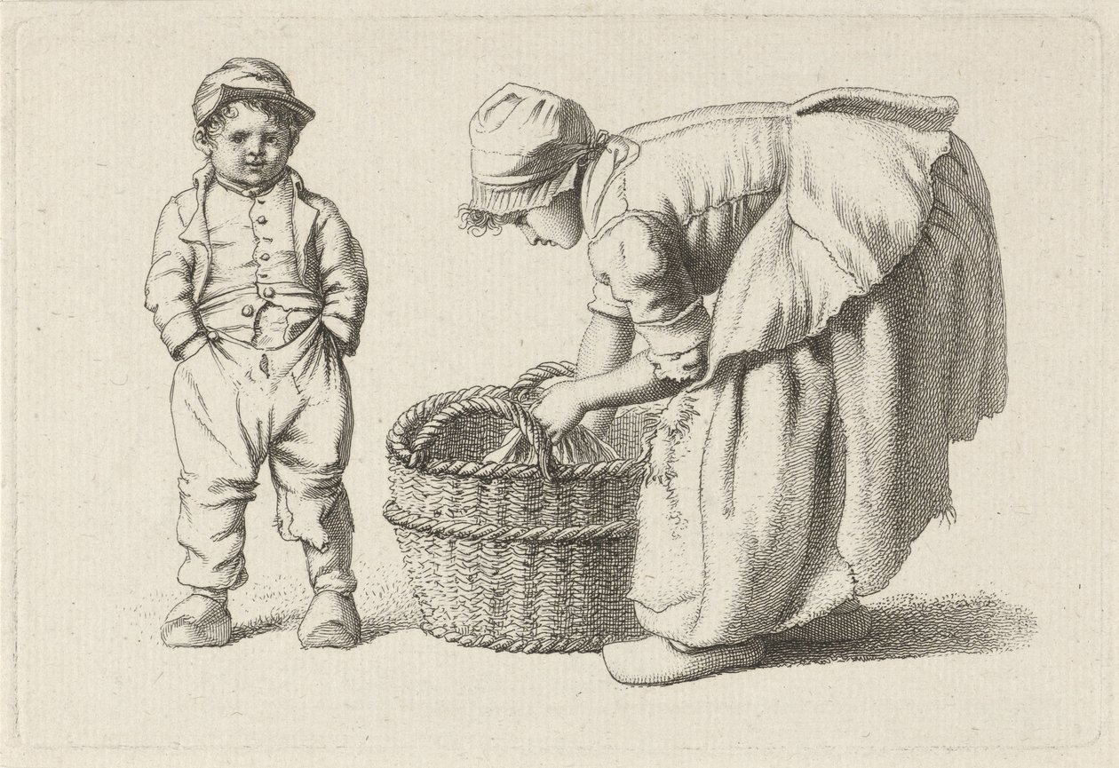 Bøjende pige med en kurv og et barn Studietryk / Etudes gravées (serietitel) af Jacob Ernst Marcus