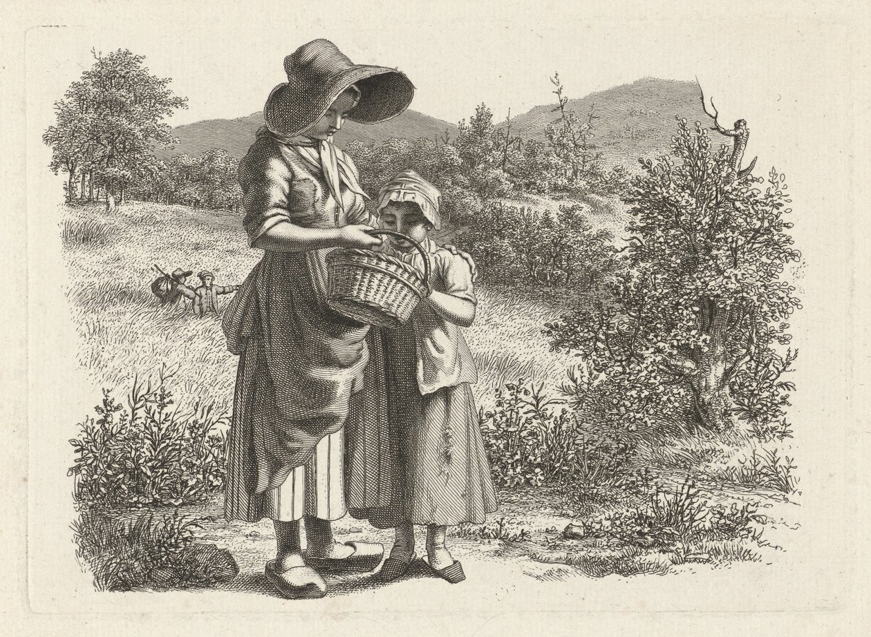 Ung kvinde og et barn kigger i en kurv Studietryk / Etudes gravées (serietitel) af Jacob Ernst Marcus