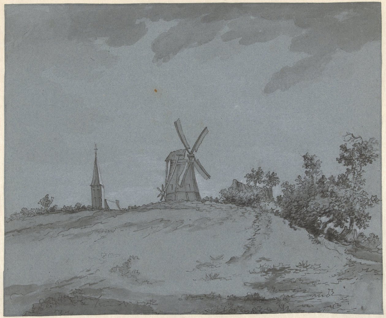 Landskab med vindmølle og kirke på en bakke af Jacob Ernst Marcus