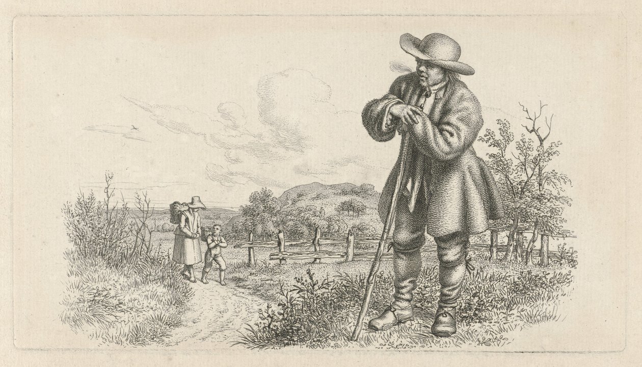 Mand lænet på en pind og en kvinde med et barn på en landevej Studietryk / Etudes gravées (serietitel) af Jacob Ernst Marcus