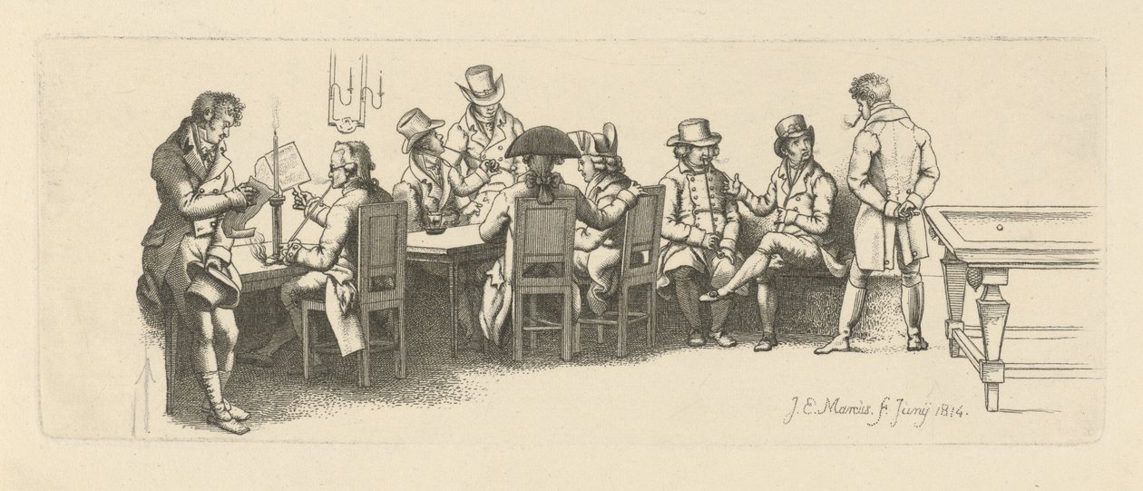 Mænd i et kaffehus med et billardrum, 1814 af Jacob Ernst Marcus