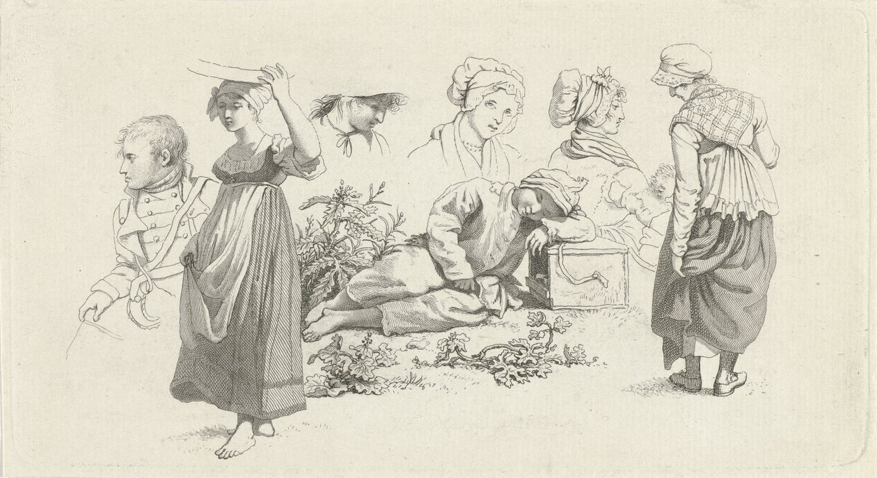 Studieark med en sovende dreng og figurer Studietryk / Etudes gravées (serietitel) af Jacob Ernst Marcus