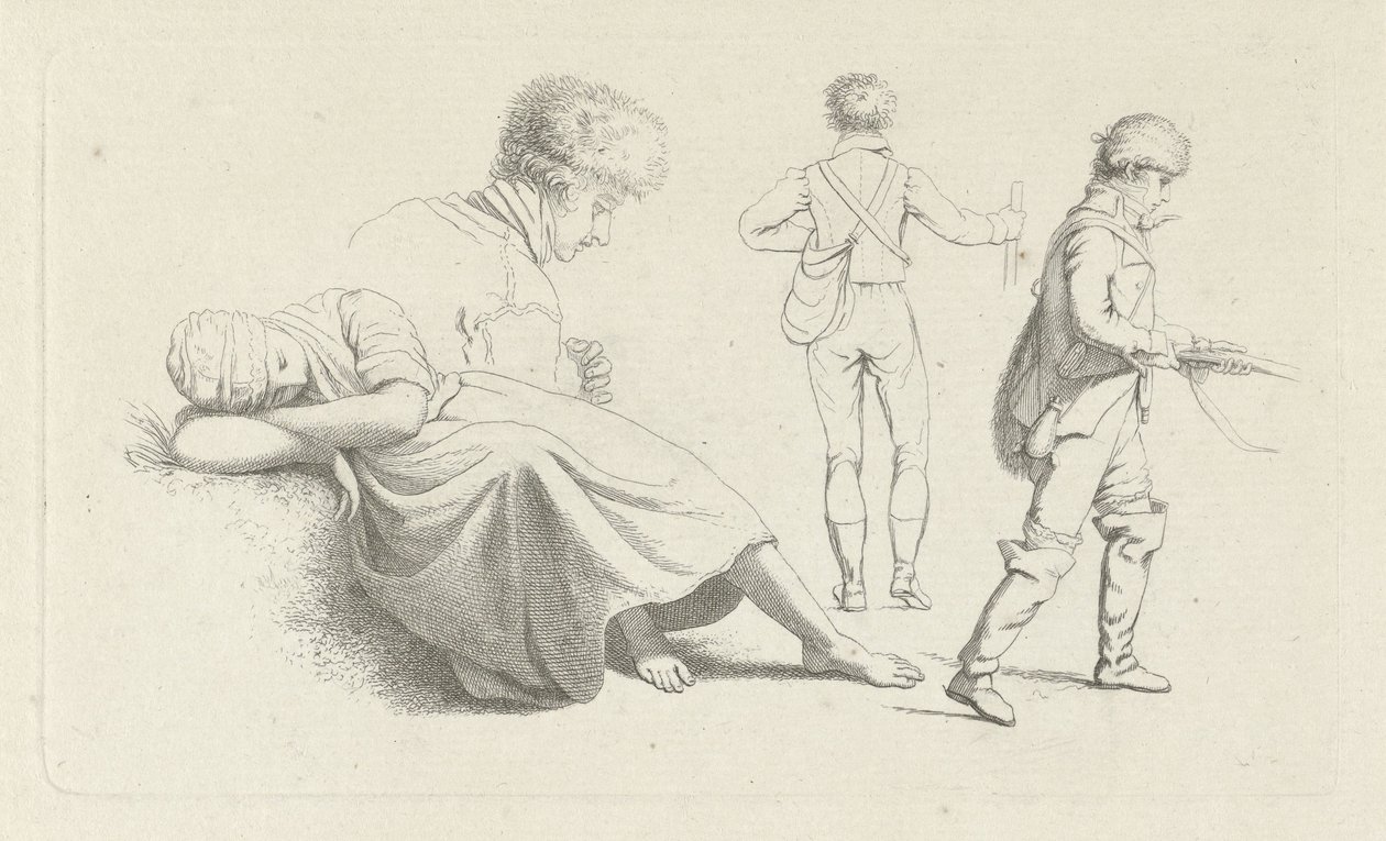 Studieark med en sovende kvinde og en jæger Studietryk / Etudes gravées (serietitel) af Jacob Ernst Marcus