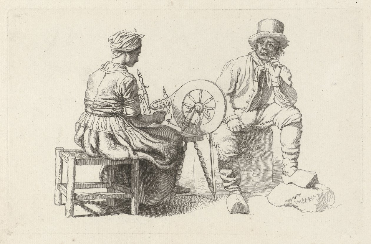 Studieark med en kvinde ved et spinnehjul og en siddende mand Studietryk / Etudes gravées (serietitel) af Jacob Ernst Marcus