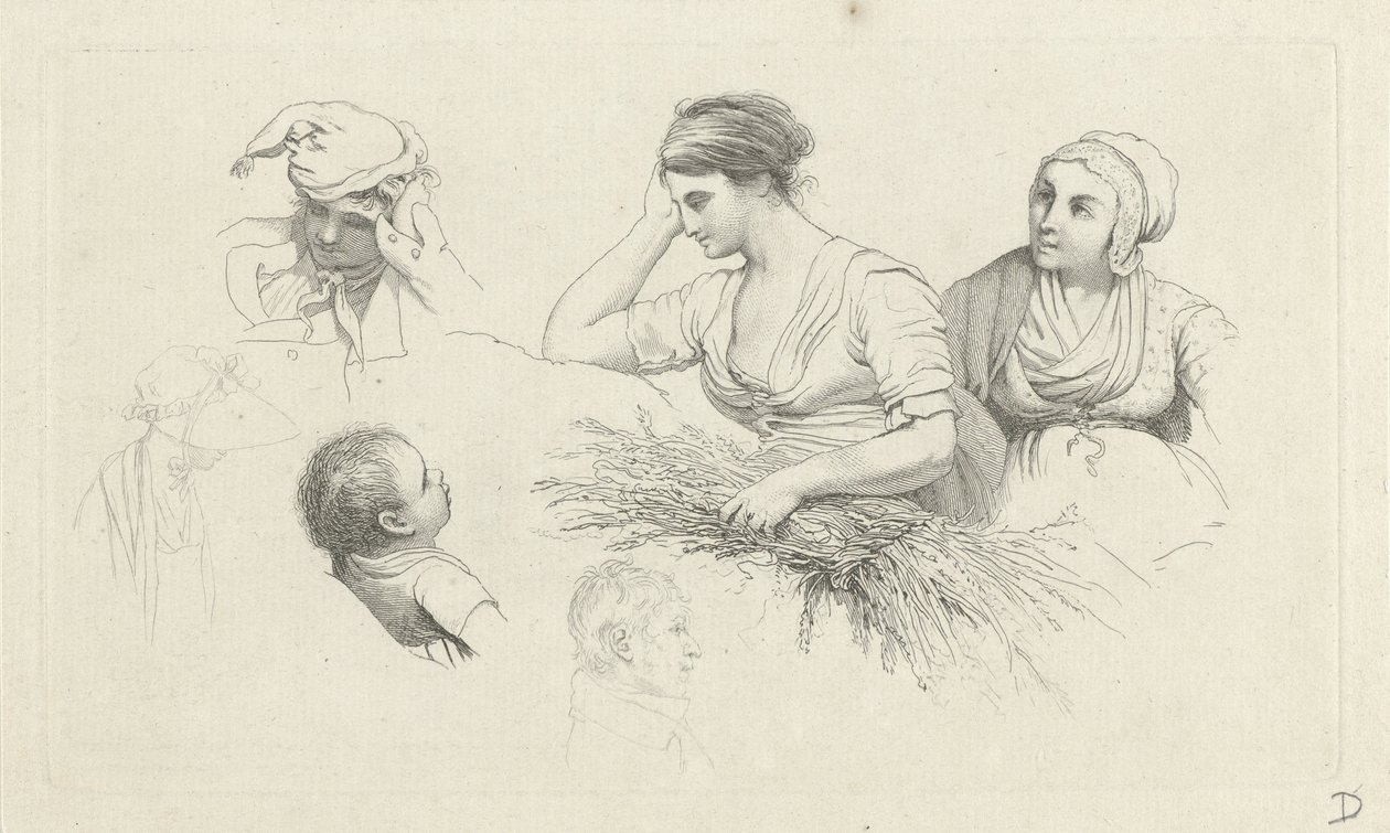 Studieark med en kvinde med et bundt grene og figurer Studietryk / Etudes gravées (serietitel) af Jacob Ernst Marcus